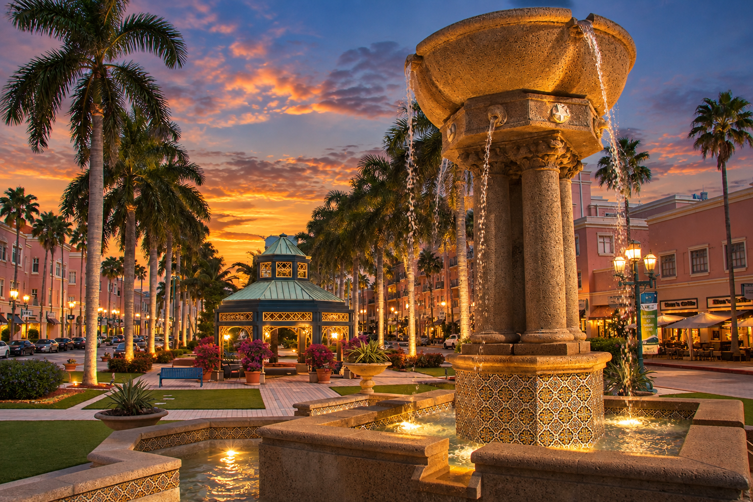 Mizner Park in Boca Raton, Florida at sunset