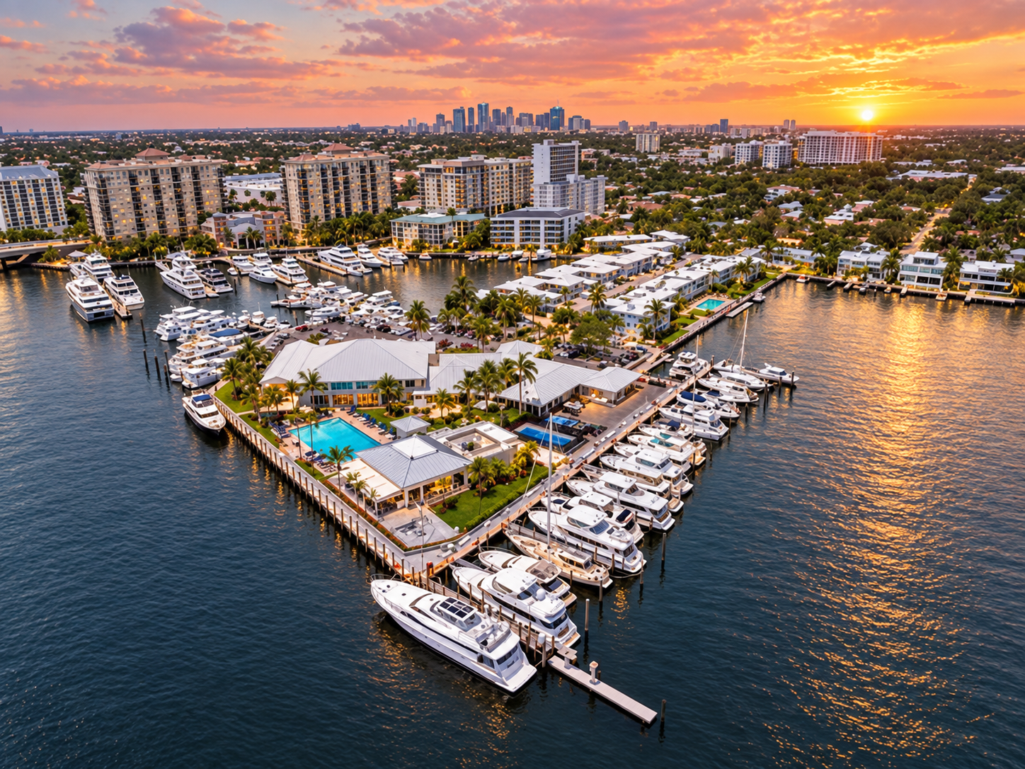 Aerial view of waterfront residences and marinas near Coral Ridge in Fort Lauderdale