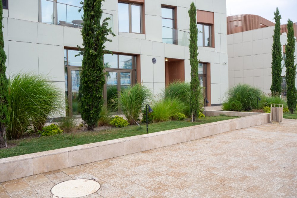 Maintained landscaping surrounding a modern commercial property