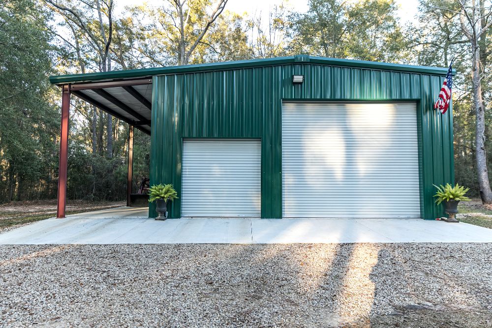Distinctive green metal building with residential-style features